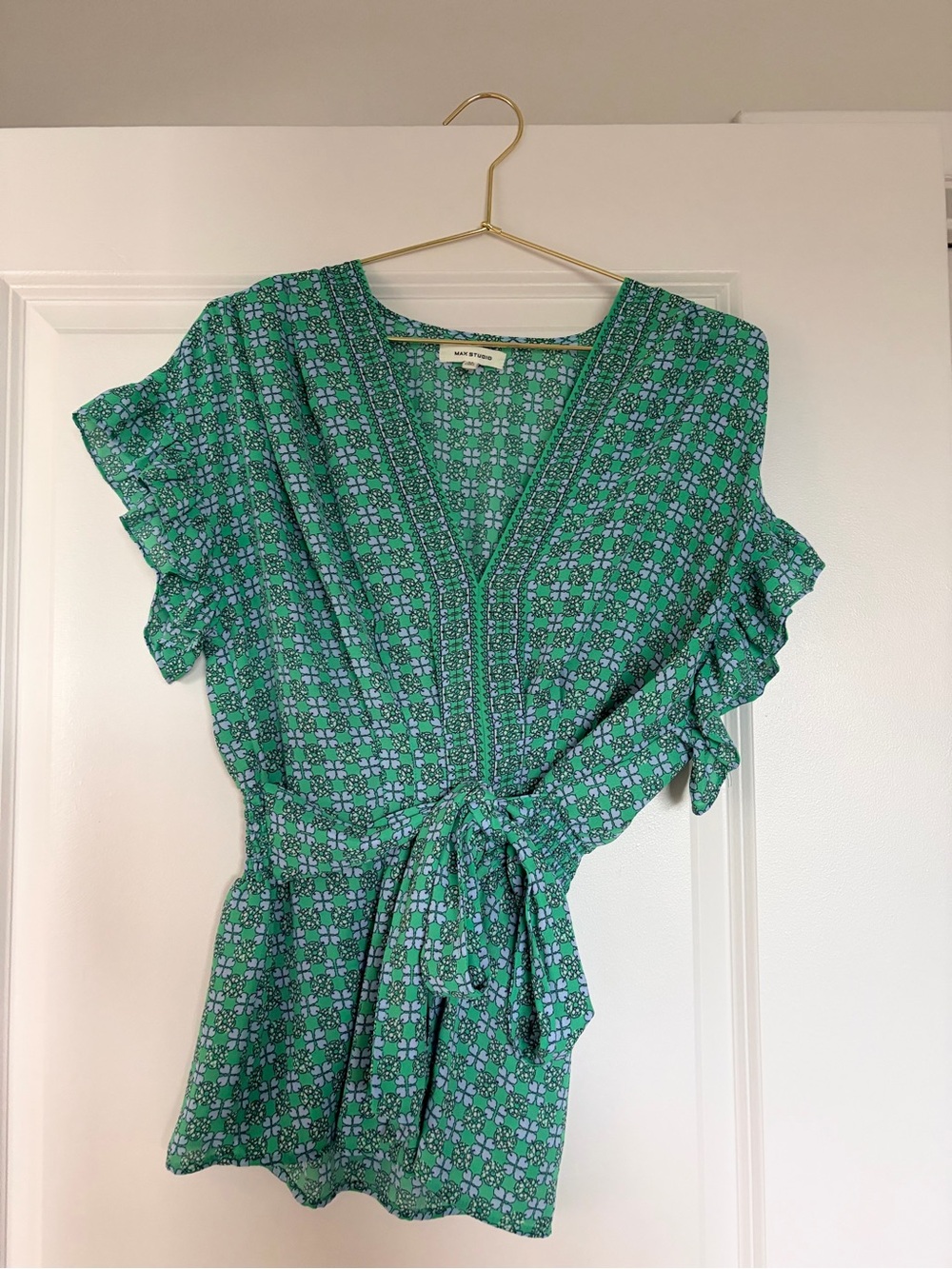 Max Studio Green Floral Wrap Blouse
